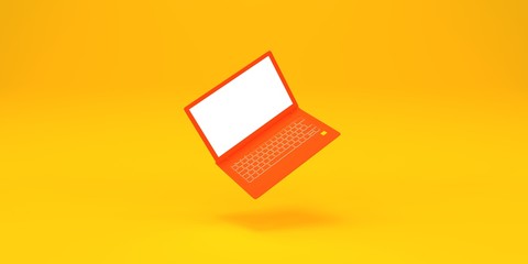 Simple flying orange laptop on yellow background 3d render