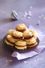 Sandwich Cookies with Chocolate Filling, on light purple background.