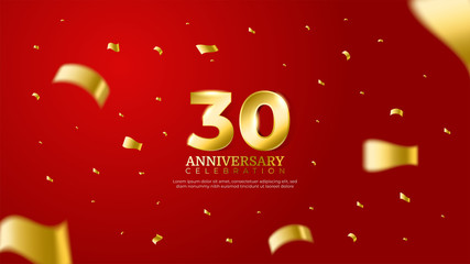 30th anniversary celebration vector red background. Golden numbers with shadow and sparkling confetti modern and elegant design for wedding party event decoration. Editable vector EPS 10