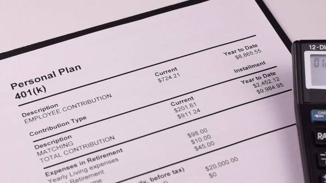 Retirement banking plan 401k and calculator with digits on a white background. Close-up