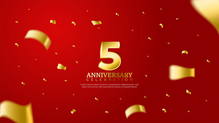 5th anniversary celebration vector red background. Golden numbers with shadow and sparkling confetti modern and elegant design for wedding party event decoration. Editable vector EPS 10