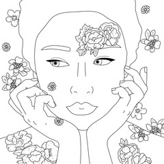 Girl with flowers on her cute face line art.  Hand drawing coloring book