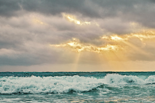 Sunset scenery of the sea along the White Beach of Boracay Island, Philippines. The sea is rougher with Habagat wind blowing during the rainy season.