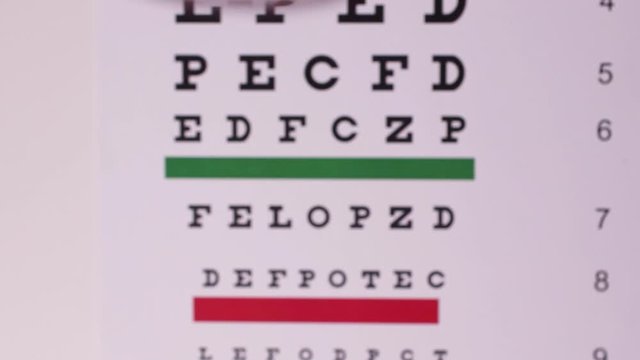Corrective glasses on the background of the Snellen vision test chart. Camera focus through glasses lens