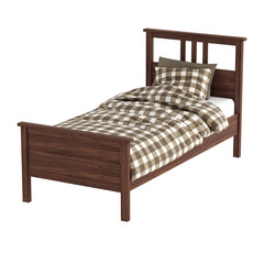 A wooden bed with a checkered blanket and a pillow on a white background. 3d rendering