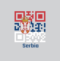 QR code set the color of Serbian flag. A horizontal tricolor of red blue and white; charged with the lesser Coat of arms. text: Serbia.