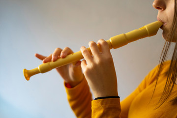 Woman music and music teacher playing flute.