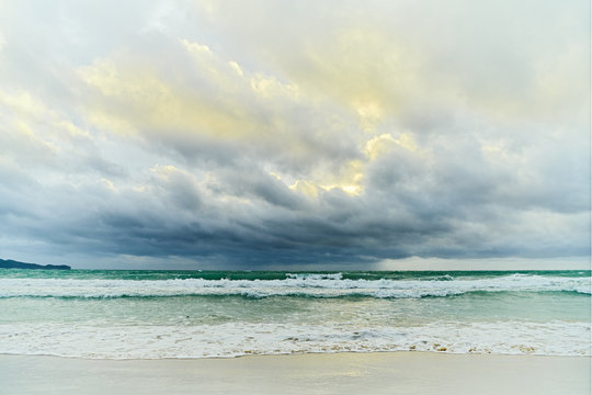 Sunset scenery of the sea along the White Beach of Boracay Island, Philippines. The sea is rougher with Habagat wind blowing during the rainy season.