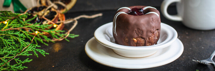 chocolate cake with filling, festive table setting (coffee, gifts, sweets) menu concept. food background. top view. copy space