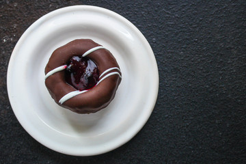 chocolate cake with filling, festive table setting (coffee, gifts, sweets) menu concept. food background. top view. copy space