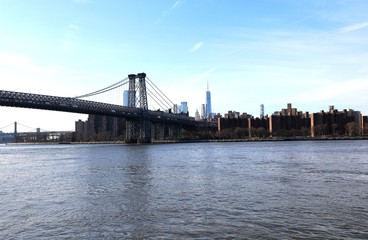 skyline of new york city, bridge, skyline, city, water, skyscraper, urban, cityscape, panorama, downtown, architecture, building, tower, manhattan, river	