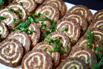 Food background, close-up. Catering buffet food in hotel restaurant.