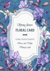 Floral greeting card with a frame of watercolor irises, tulips and narcissus. Illustration
