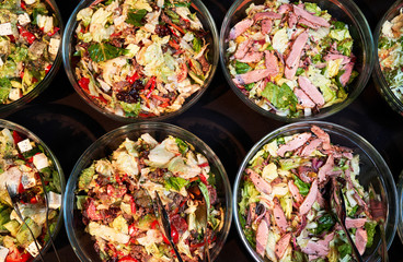 Food background, close-up. Catering buffet food in hotel restaurant.