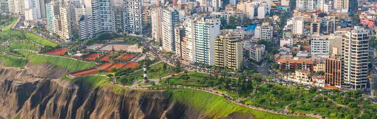 Obraz premium Panoramic aerial view of the pier in Miraflores district, in Lima, Peru.
