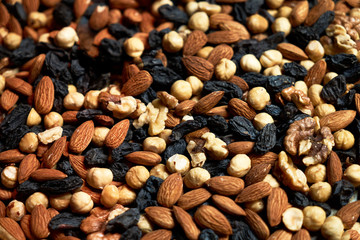 Nuts background with almonds hazelnuts walnuts raisins