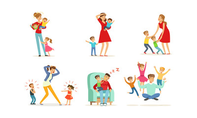 Fototapeta na wymiar Tired Young Parents Exhausted with Nursing Little Kids Vector Illustrations Set. Kids Wanting to Play