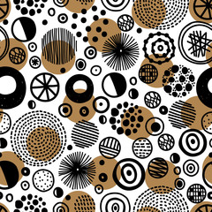 Decorative abstract polka dots in the style of the 60s.  Gold polka dot vector seamless pattern. Can be used in textile industry, paper, background, scrapbooking.
