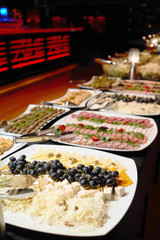 Food background, close-up. Catering buffet food in hotel restaurant.