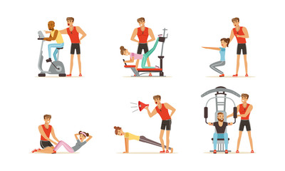 Fototapeta na wymiar Personal Gym Coach Helping People Characters Training Vector Illustrations Set