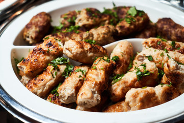 Barbeque party table with meat appetizer, shish kebab, shashlik