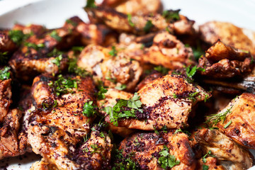Barbeque party table with meat appetizer, shish kebab, shashlik
