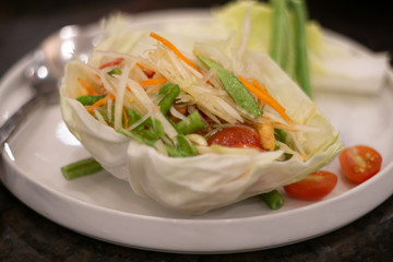 spicy papaya salad Thai food, cuisine traditional Thai food.