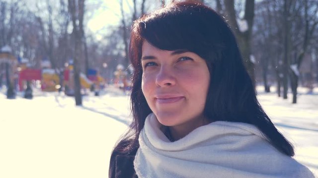 Portrait Happy Beautiful Female Smiling In Winter Park On Sunny Day. City Life. Slow Motion 30 fps 1...	