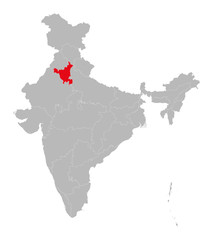 Haryana state marked red on indian map vector. Light gray background. Perfect for business concepts, backdrop, backgrounds, label, sticker, chart etc.