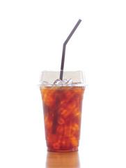 Black coffee with ice on white background.