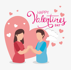 happy valentines day with couple and hearts vector illustration design