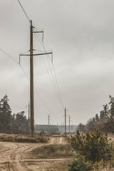 High-voltage power lines and old road in the forest. Pine, trees along the way, gloomy, cloudy day with fog.