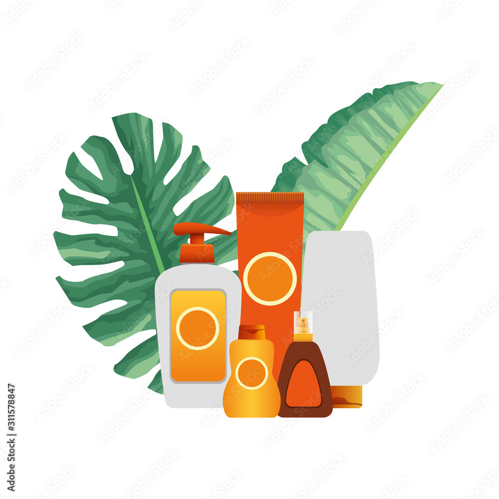 Sticker tropical leaves and sun bronzers bottles icon, colorful design