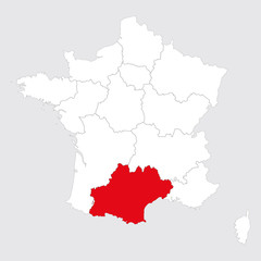 Occitanie province highlighted red on france map. Gray background.