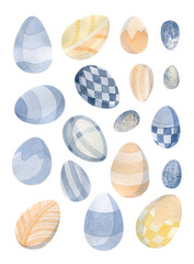 A watercolor illustration of a set of Easter eggs on a white background. 