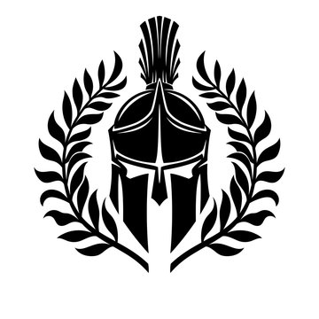 Black Spartan helmet on a white background.