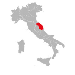 The marche province marked red on italy map. Gray background. Italian political map.