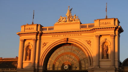 Naklejka premium Facade of Keleti railways station during sunset, Budapest, Hungary.