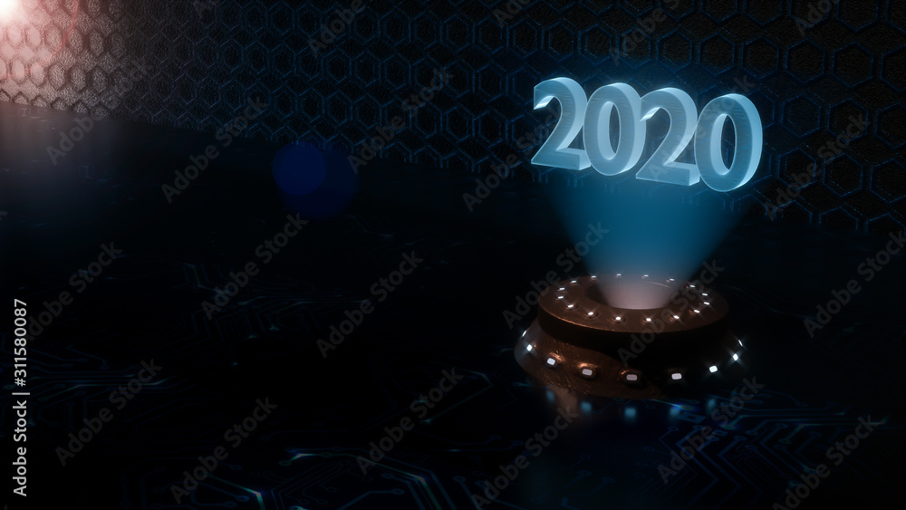 Poster close up, futuristic technical environment with hologram of number 2020. technical concept for count