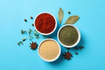 Bowls with red pepper, garlic and dill powder on blue background, top view
