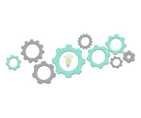 gear  with green light bulb symbolizing idea or solution