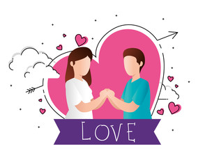 happy valentines day with couple and hearts vector illustration design