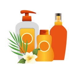 tropical leaf and flower with sunscreens bottles, colorful design