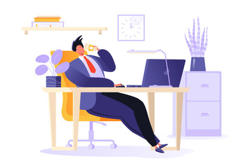 Basic RGLunch break at work. Male character in flat cartoon style resting in the office. Coffee break. Businessman sitting in a chair, his legs outstretched. Table with laptop in modern office interio