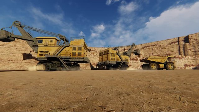 quarry dump trucks work, 3D illustration