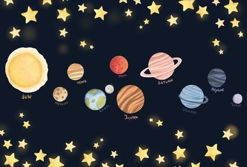 Hand drawn watercolor isolated illustration. Cosmos theme card. outer space and stars on the background. © Emma Mars