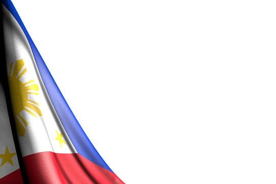 pretty isolated image of Philippines flag hanging in corner - mockup on white with space for your text - any occasion flag 3d illustration..