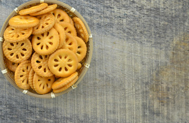 Basket of crackers with few calorie, topview