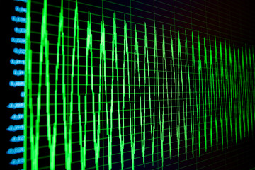 Green waveforms and spectograms and numerical values on computer screen in details