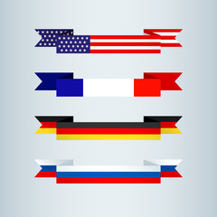 Flag ribbon of America USA France Germany Russia Set collection of bright flat banner ribbons icon ribbons Flags national colors of the countries of America USA France Germany Russia Vector graphic